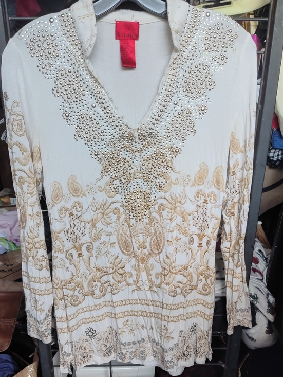 Cristina Tops - V-Detailed Cream Tunic with Gold Paisley Embellishment